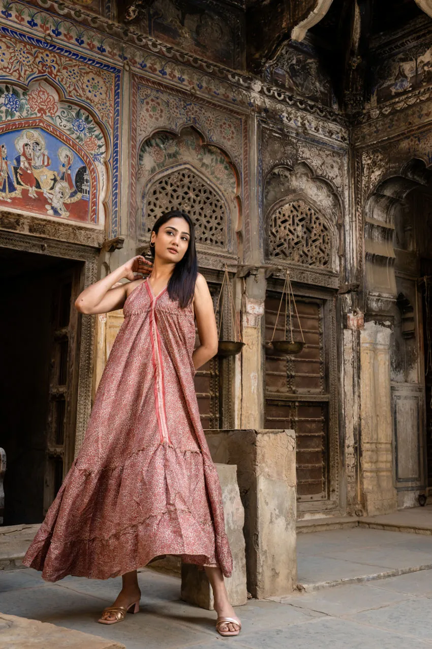 Long Maxi Backless Silk Sari Halter Dress - Red
