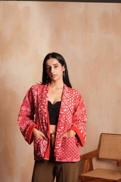 Handmade Patchwork Cotton Kantha Jacket Red