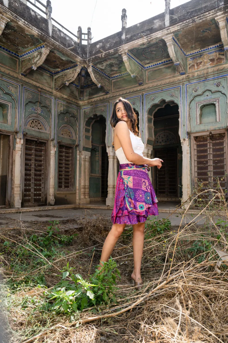 Purple Mini Short Silk Sari Wrap Skirt