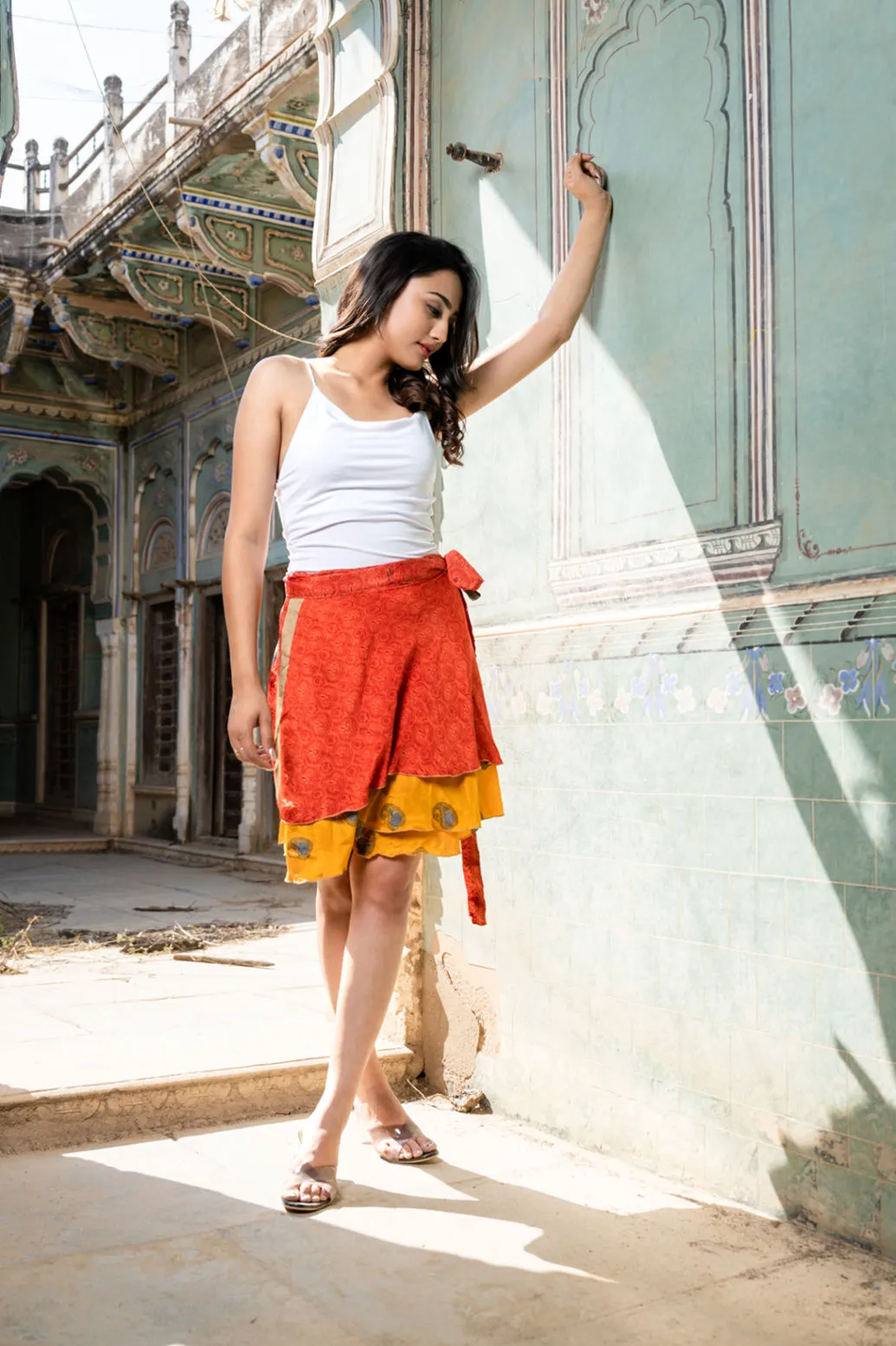 Bright Indian Silk Sari Short Wrap Skirt