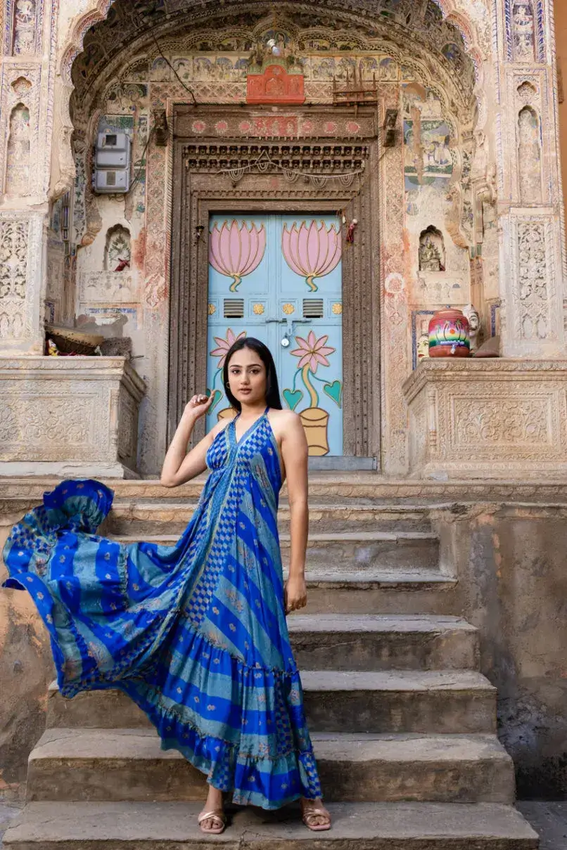 Vintage Handmade Sari Silk Halter Women Free Size Dress