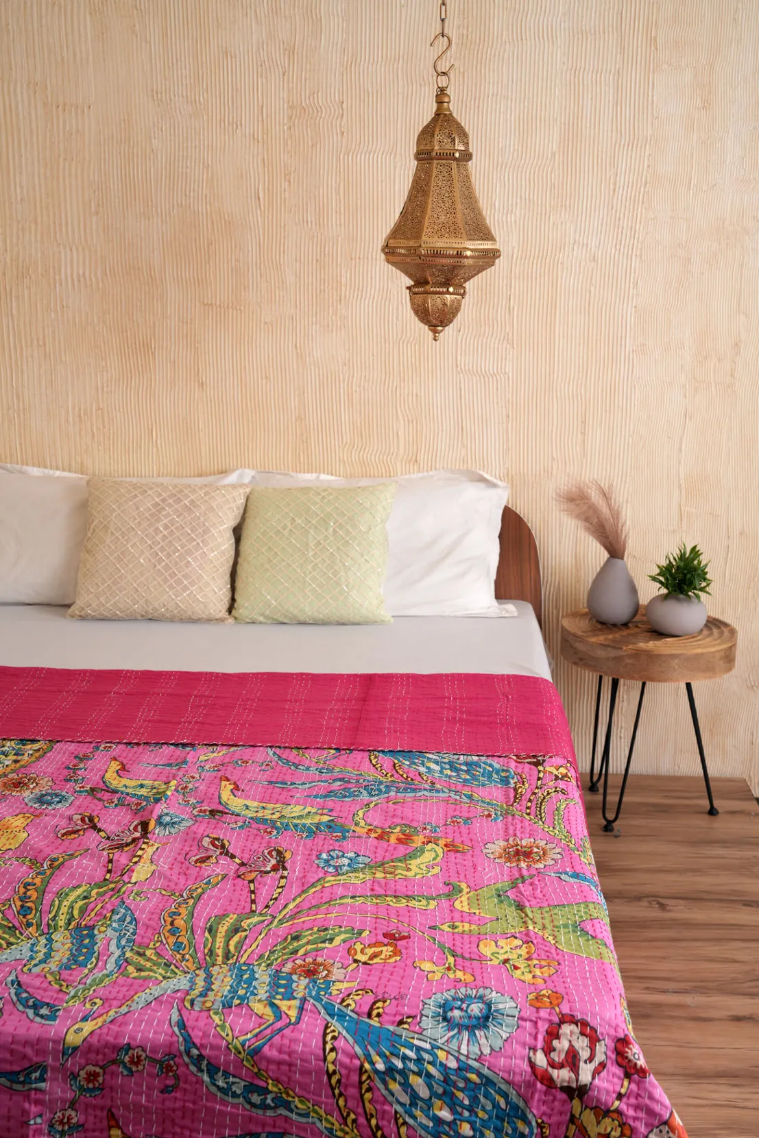 Peacock Kantha Quilt - Pink