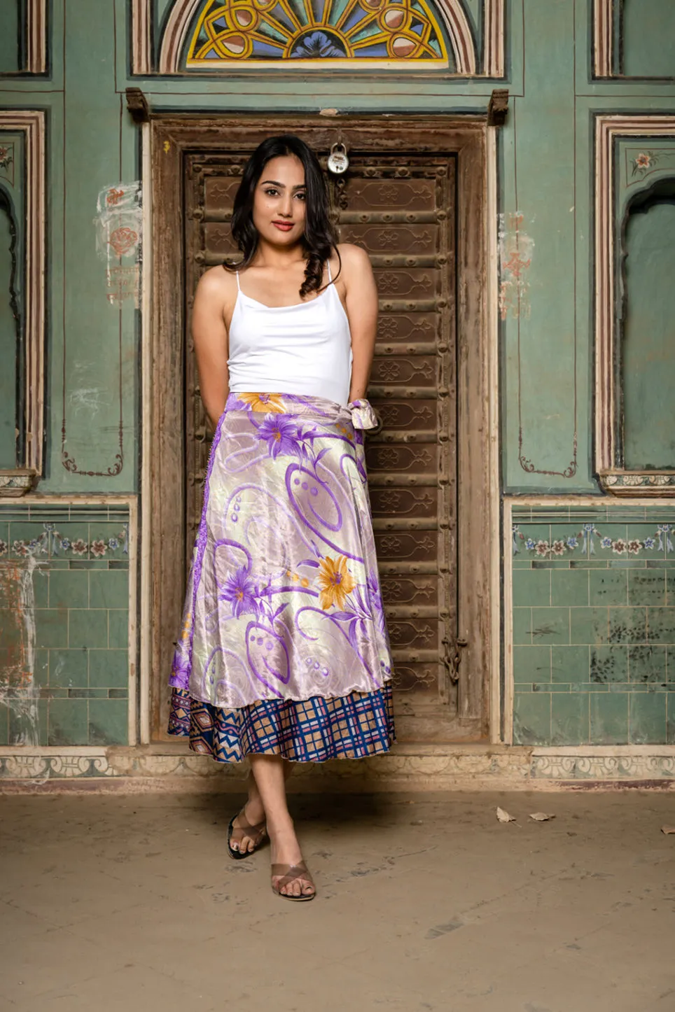 Purple Floral Tea Length Silk Wrap Skirt