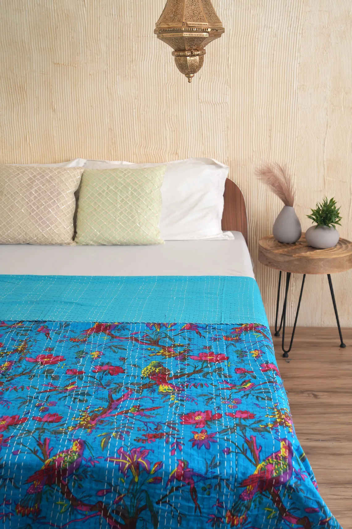 Turquoise Birds Floral Kantha Quilt