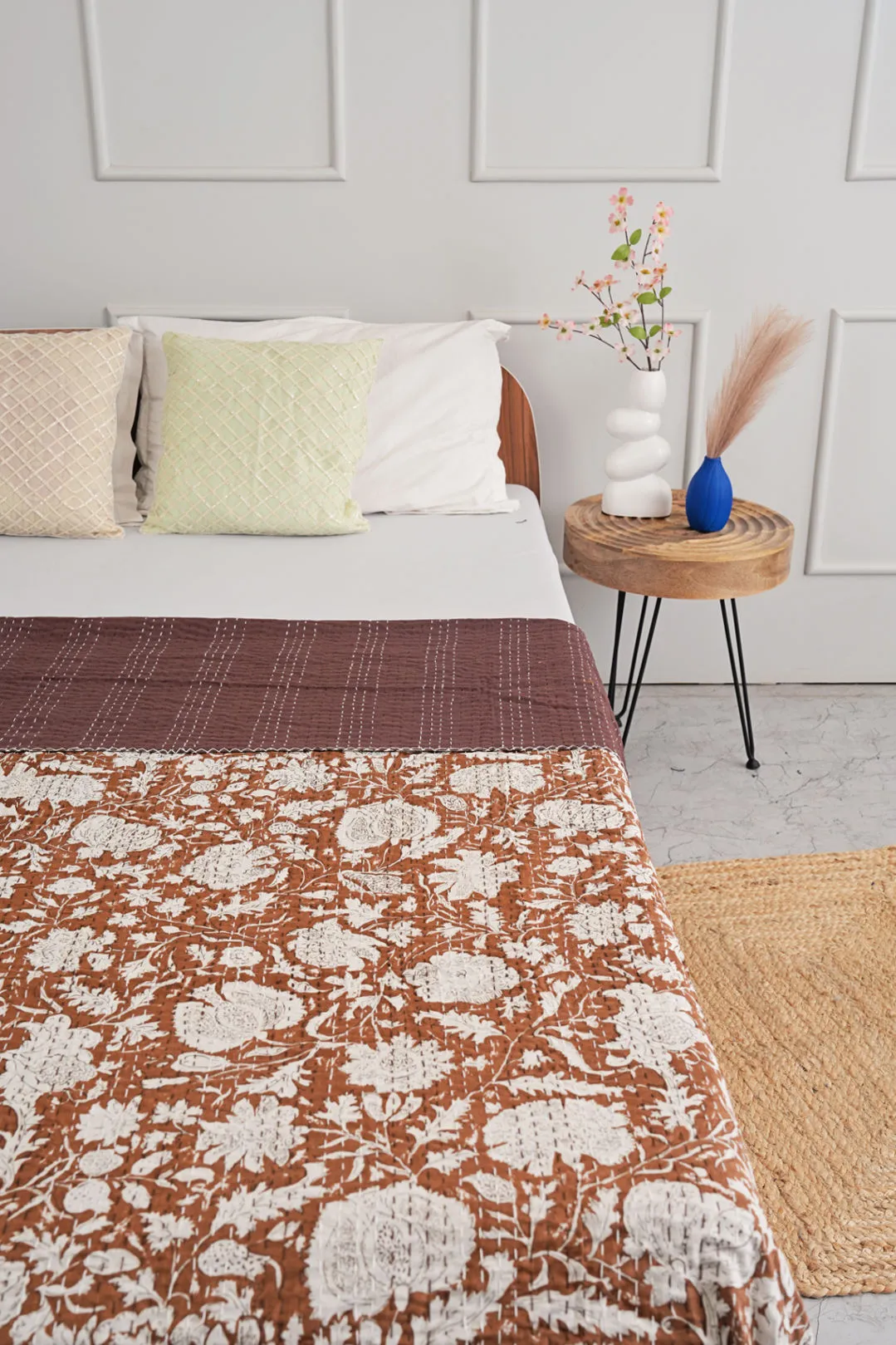 Brown Minimalist Hand Printed Indian Cotton Kantha Quilt