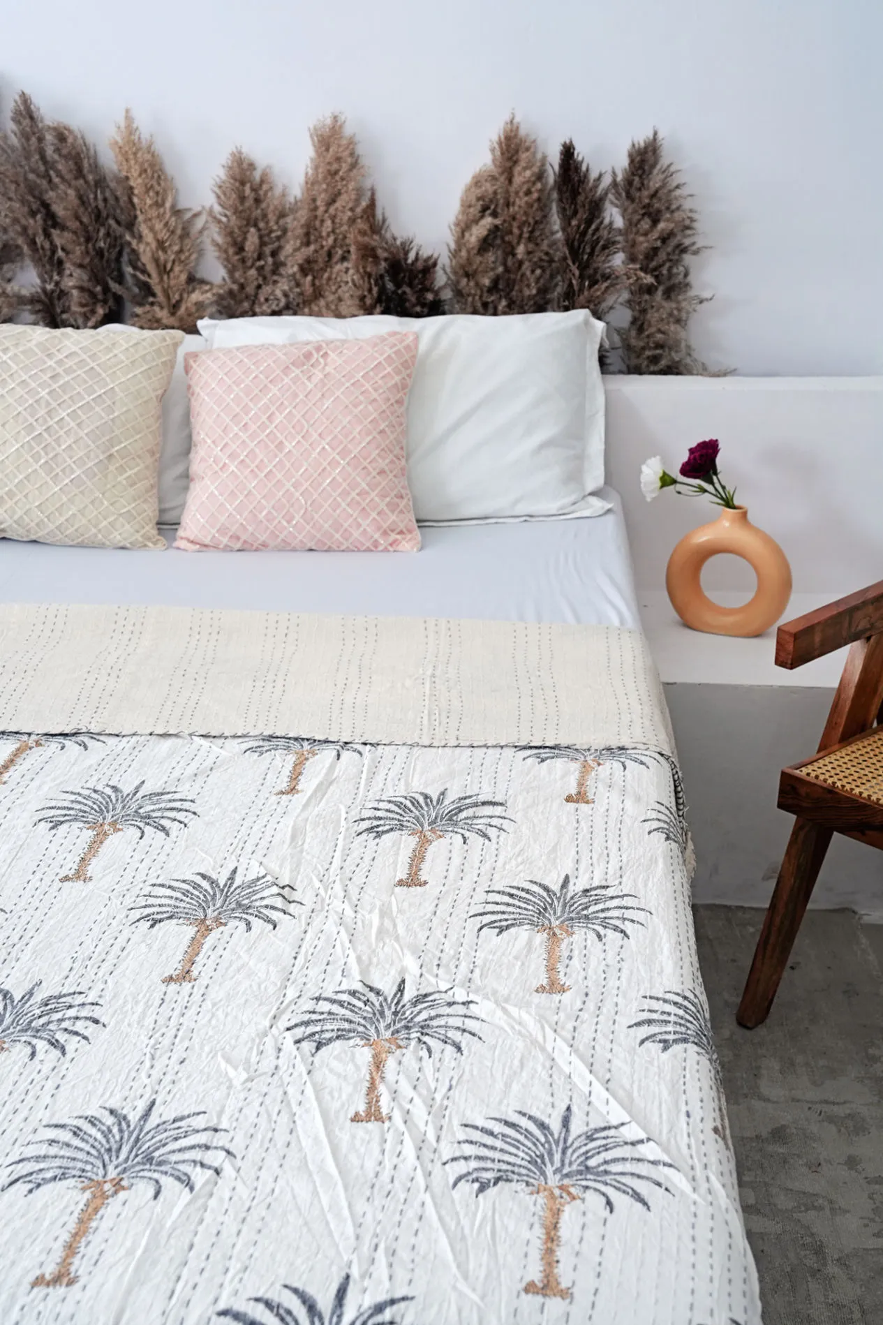 Palm Tree Kantha Quilt - Grey