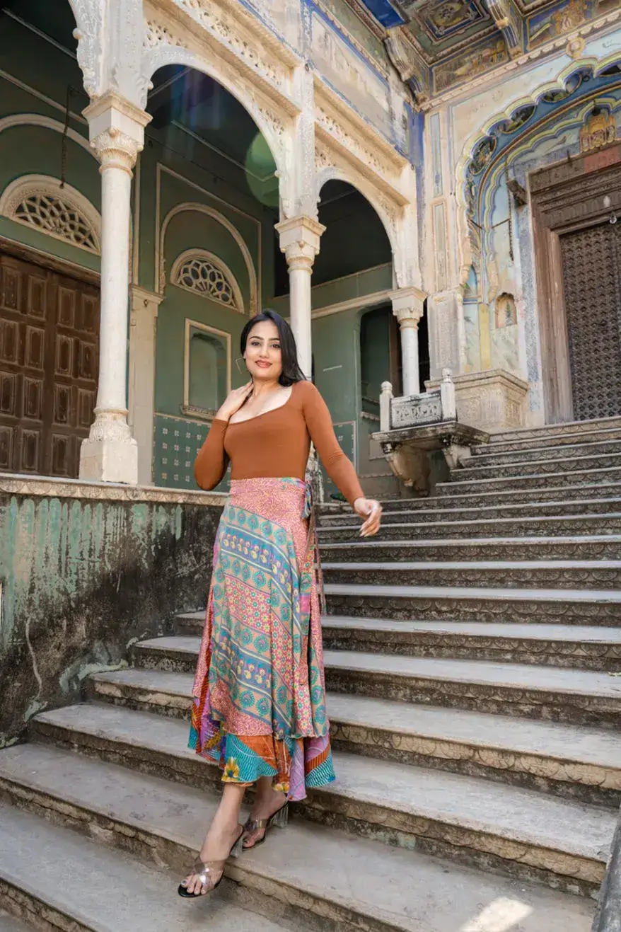 Beautiful Multicolor Silk Sari Long Wrap Skirt
