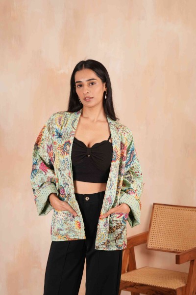 Handmade Green Wildflower Kantha Jacket