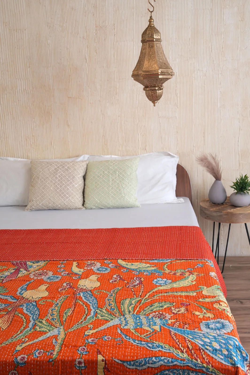 Peacock Kantha Quilt - Orange