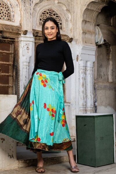Silk Sari Long Wrap Skirt - Blue