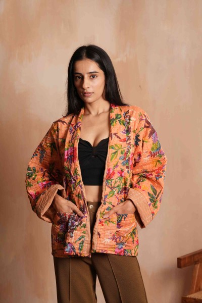 Handmade Flower Cotton Kantha Jacket Peach