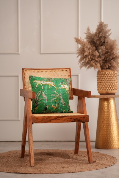 Handmade Cotton Jangal Print Kantha Cushion Cover Green