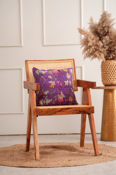 Handmade Cotton Flower Print Kantha Cushion Cover Purple