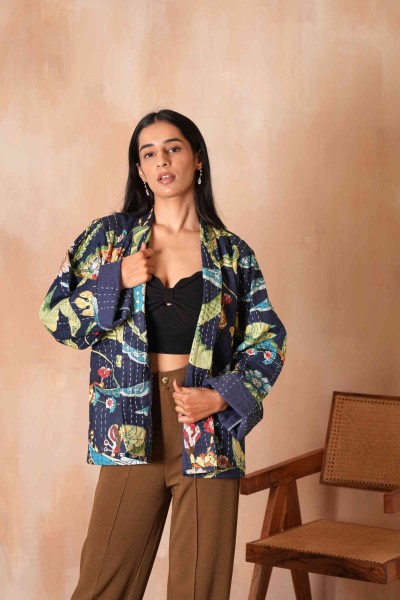 Blue Peacock Cotton Kantha Jacket