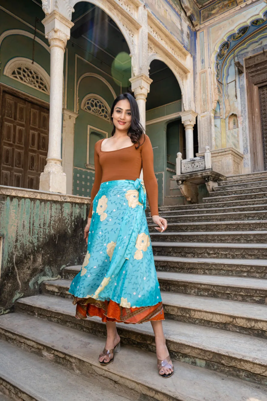 Turquoise Floral Silk Long Wrap Skirt