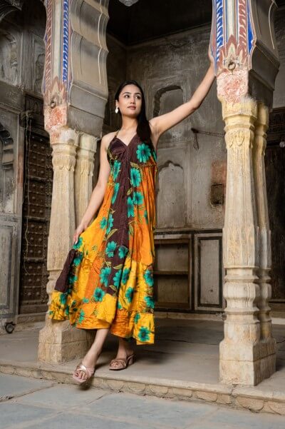 Open Back Silk Sari Maxi Dress - Brown & Yellow