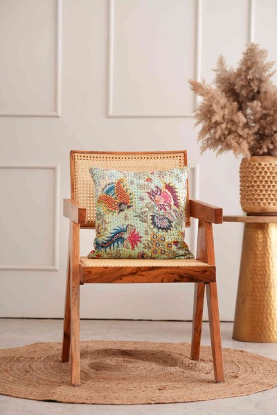 Handmade Cotton Green Wildflower Print Kantha Cushion Cover