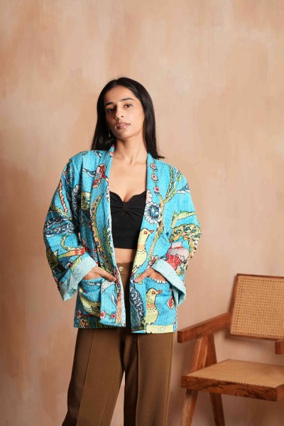 Turquoise Handmade Peacock Cotton Kantha Jacket