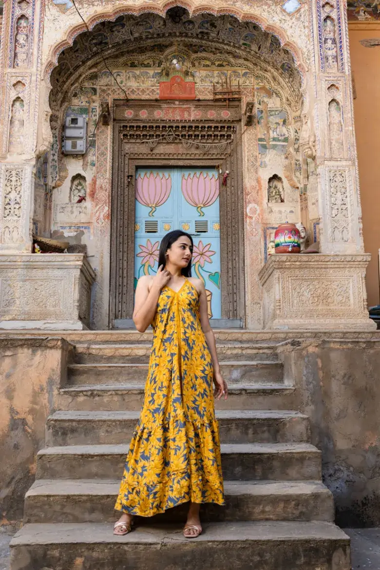 Yellow Silk Sari Printed Halter Backless Maxi Dress