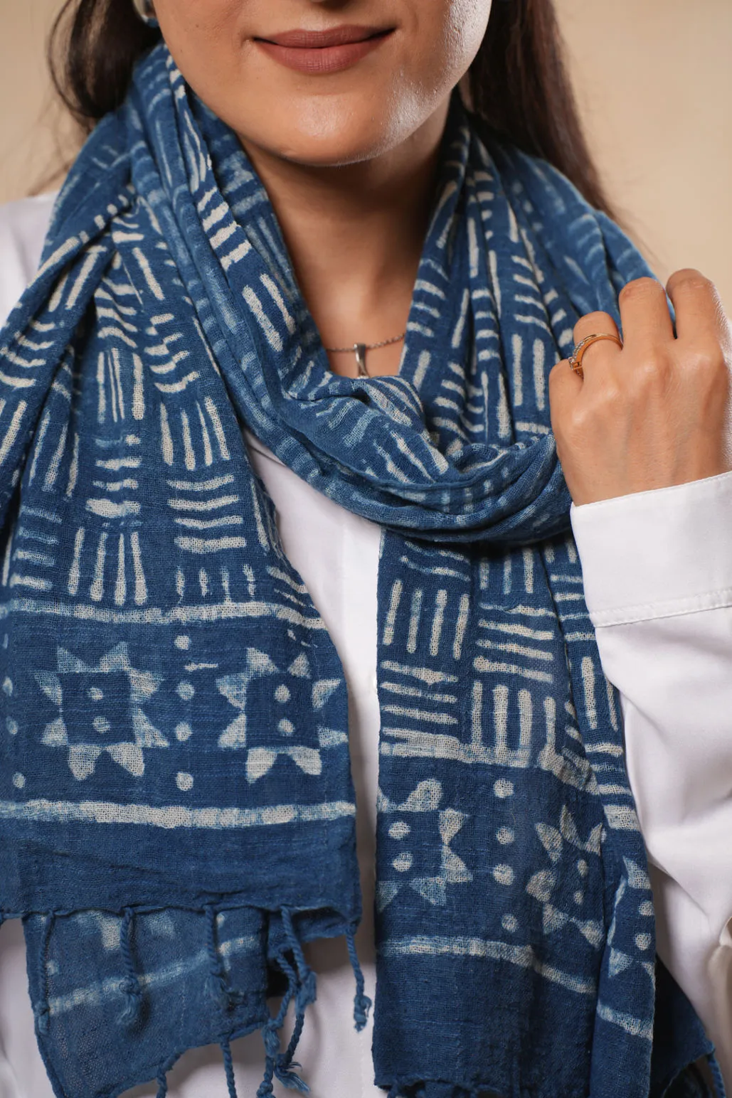 Hand Printed Cotton Indigo Blue Scarf - #D8