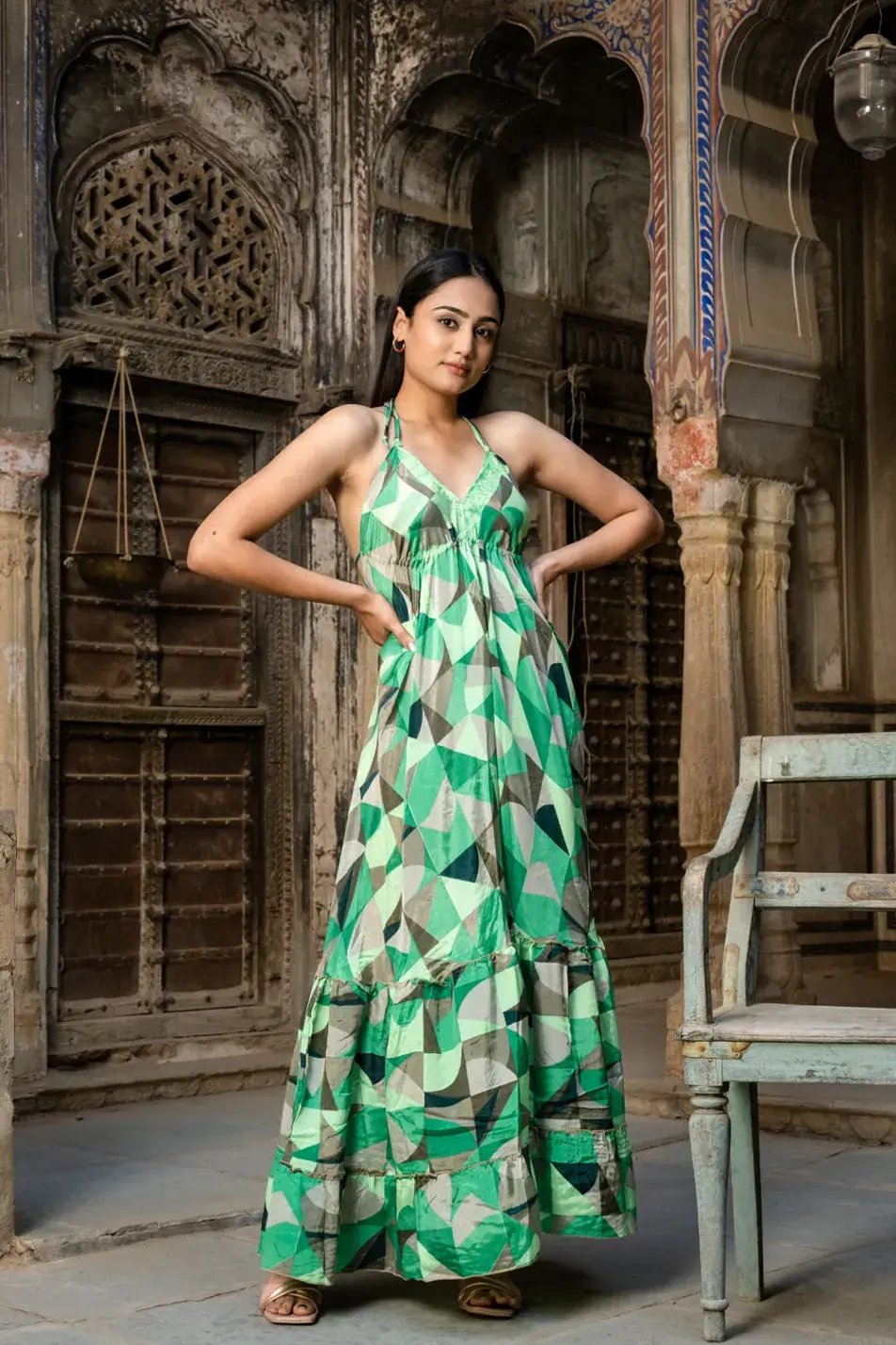 Bohemian Silk Sari Frill Halter Dress