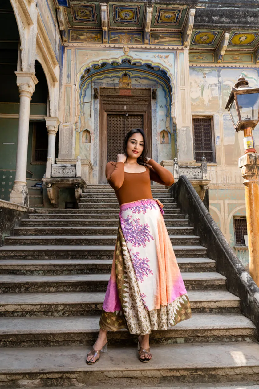 Flowy Silk Sari Natural Long Wrap Skirt