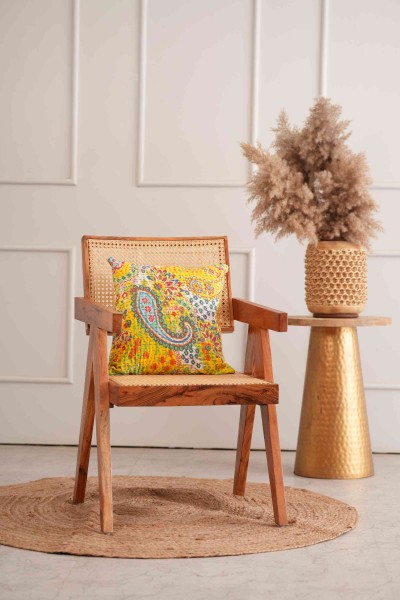 Handmade Cotton Flower Print Kantha Cushion Cover Yellow