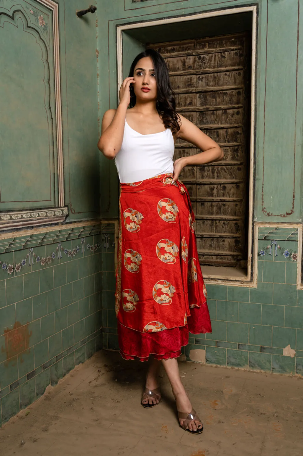 Boho Silk Wrap Skirt Tea Length