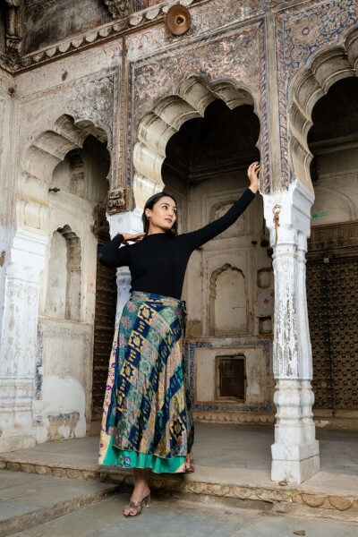 Indian Vintage Silk Sari Long Wrap Skirt