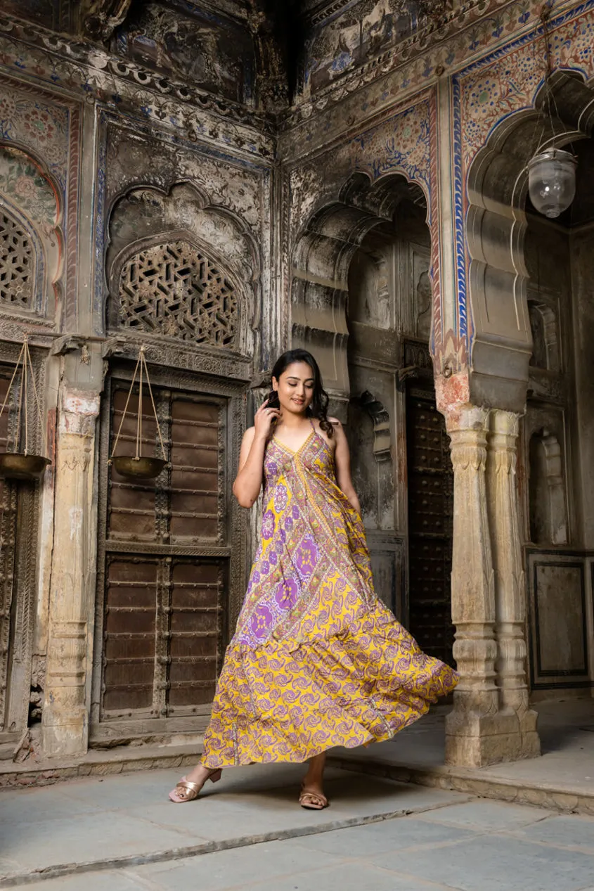 Boho Silk Maxi Dress Halter Neck Sari Long Goddess Dress